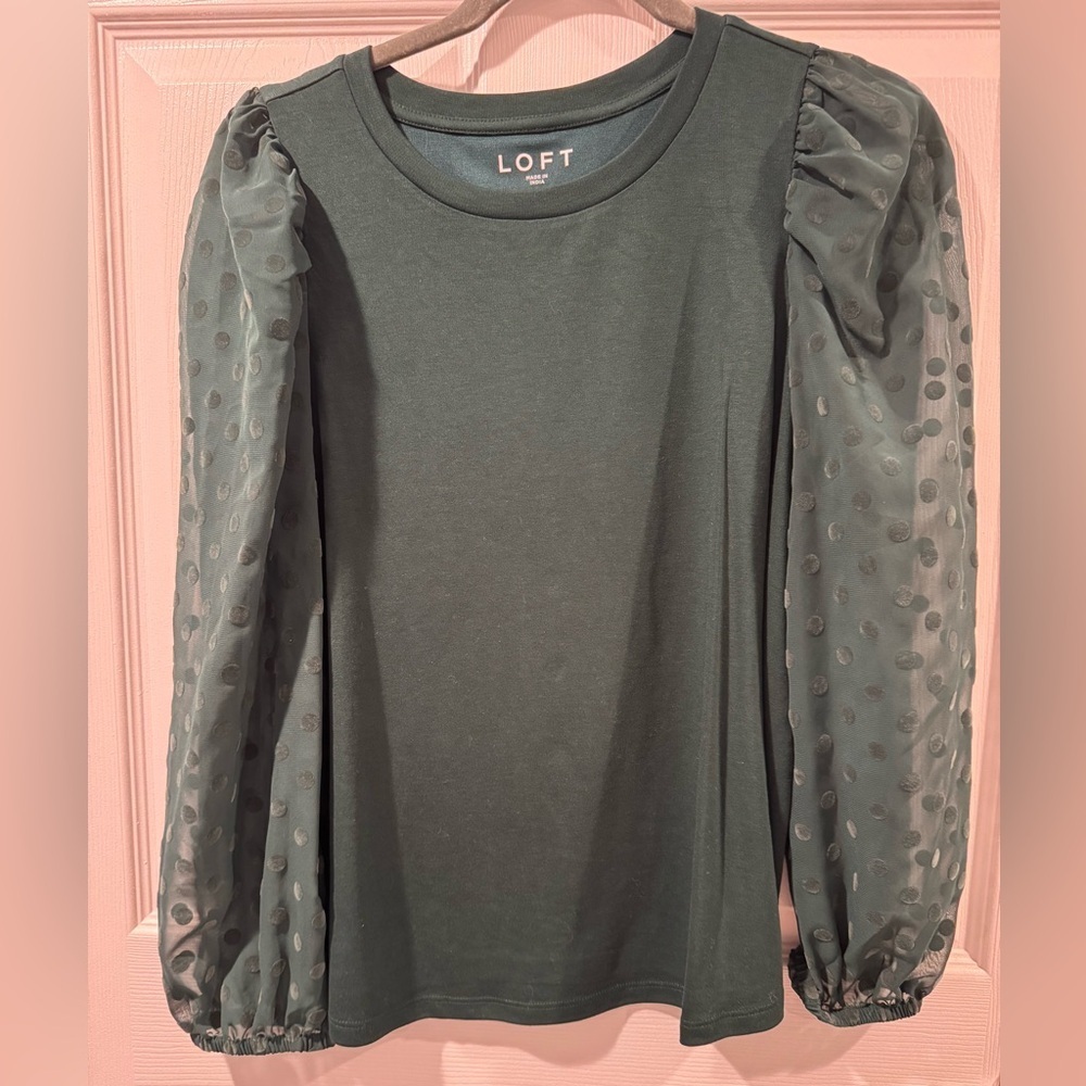LOFT Dark Green Blouse with Sheer Puff Sleeves